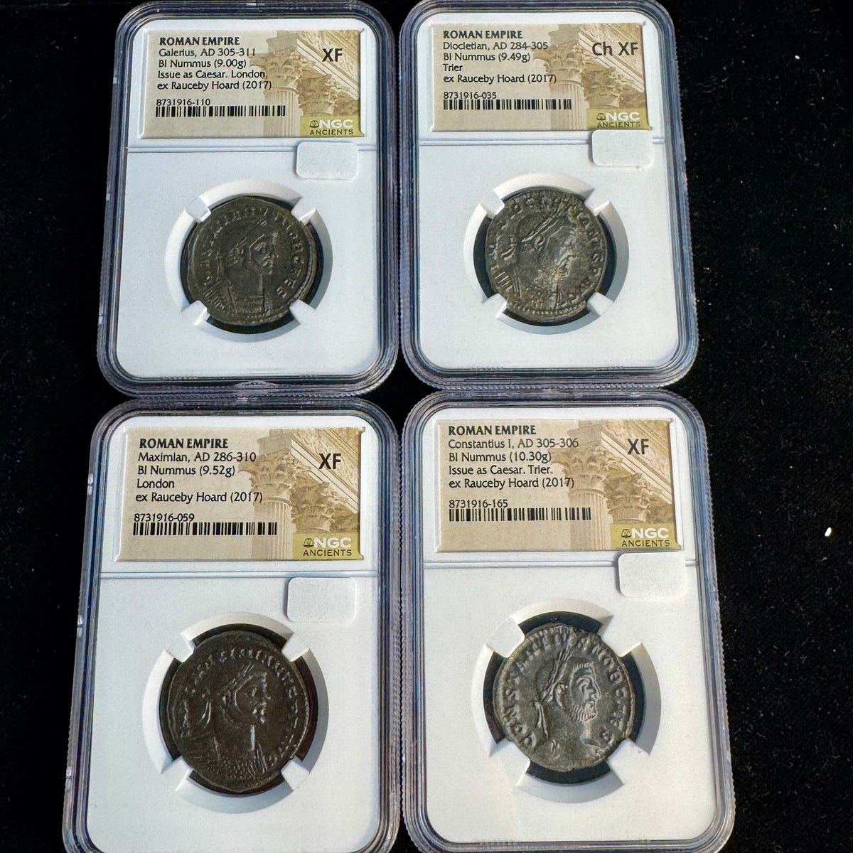 Four Emperors Set of Rauceby Hoard London & Trier Imperial Folles, NGC Ancients