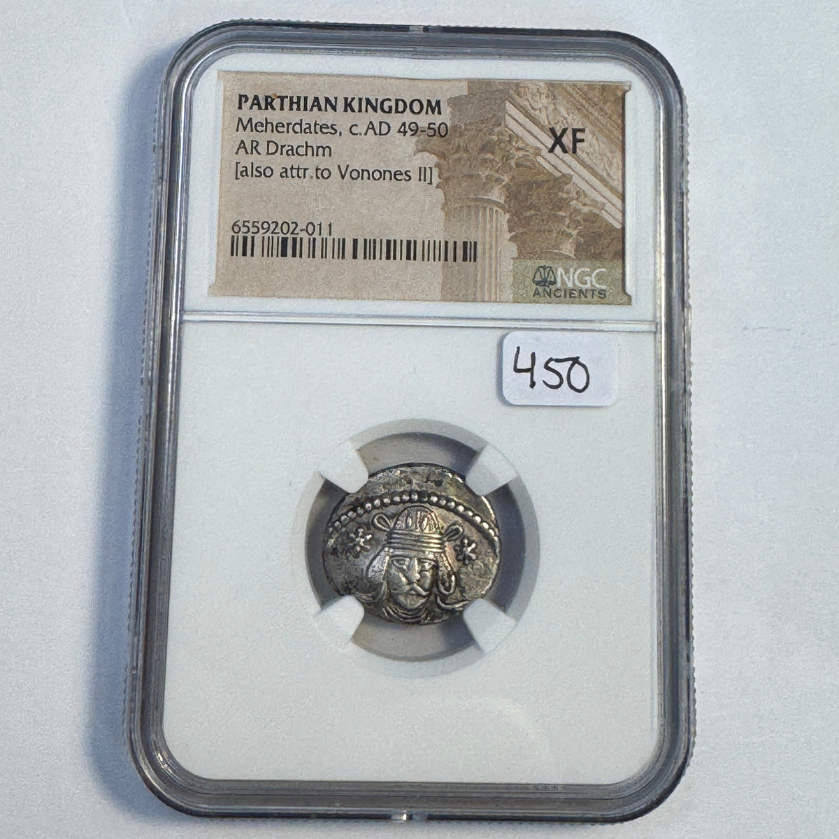 Parthian Empire Meherdates (c49-50 AD) AR Drachm, NGC XF