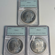 Trio of Consecutive Serial# PCGS Rattler Morgans: 1879-S MS62, 1880-S MS63, 1881 MS62