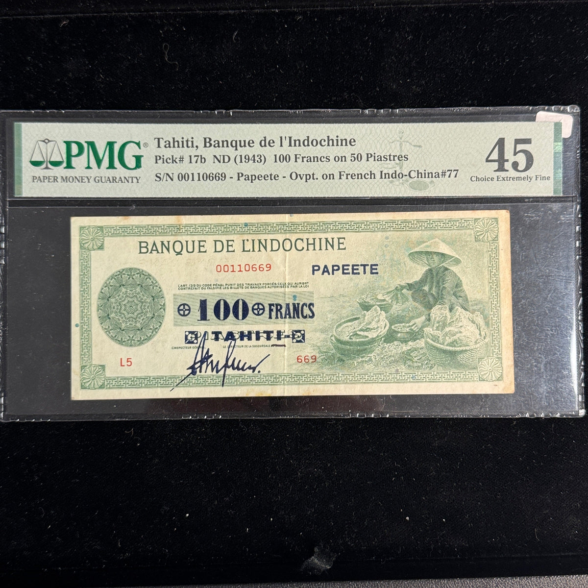 (1943) TAHITI 100 Francs overprint on Bank of Indochina 50 Piastres, P#17b, PMG Ch EF 45
