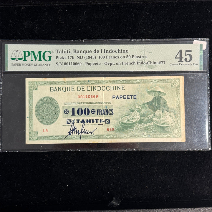 (1943) TAHITI 100 Francs overprint on Bank of Indochina 50 Piastres, P#17b, PMG Ch EF 45