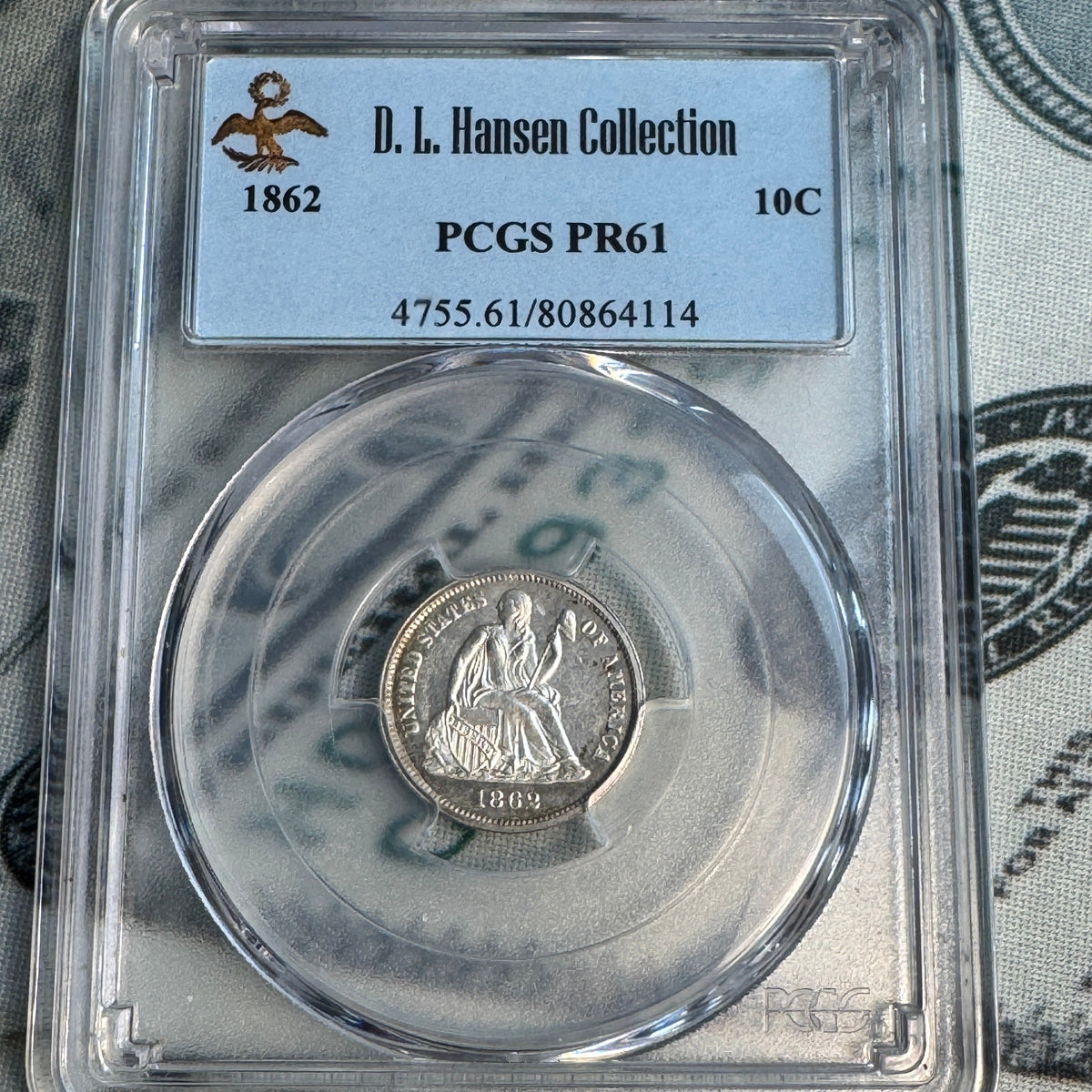 1862 Proof Silver Dime US 10c, PCGS PR-61, D.L. Hansen Collection