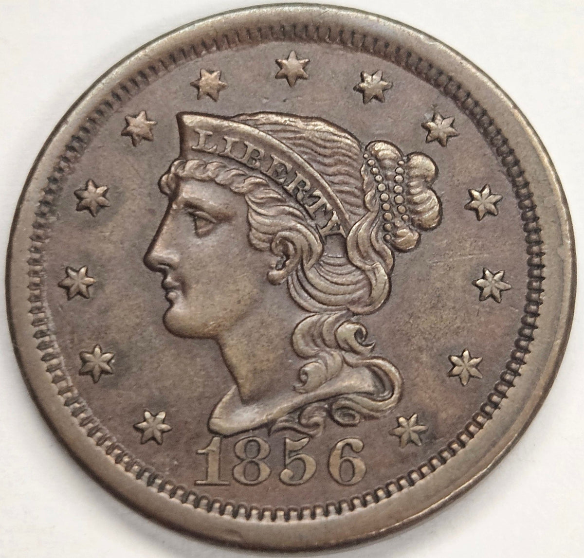 1856 Upright 5 Braided Hair Large Cent . . . . Select Uncirculated Brown