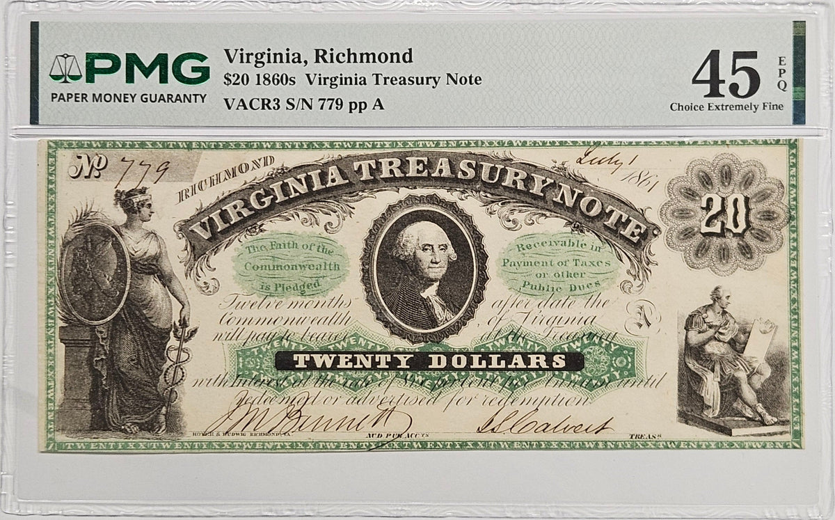 1861 $20.00 Virginia Treasury Notes . . . . PMG-45