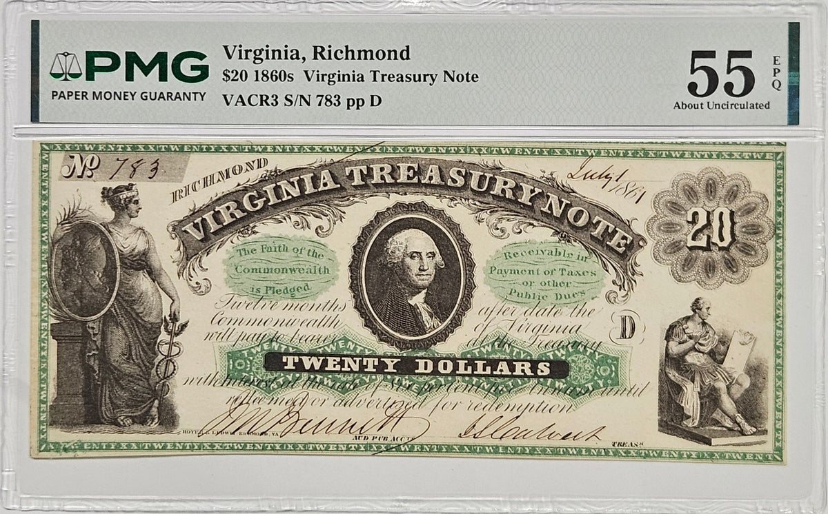 1861 $20.00 Virginia Treasury Notes . . . . PMG-55