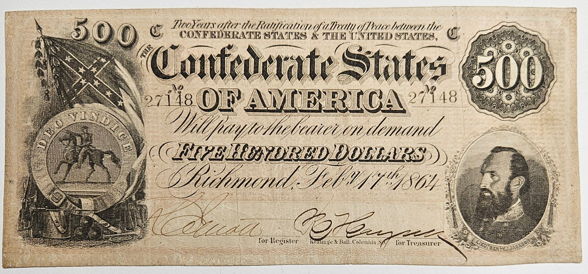 1864 $500.00 Confederate Note T-64 . . . . Fine/VF