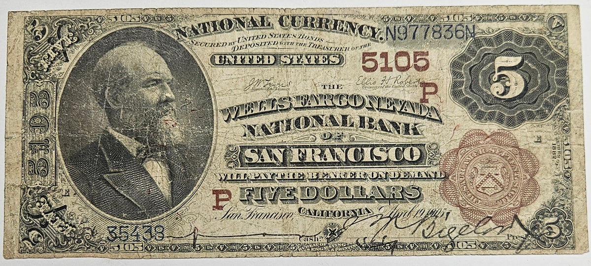 California $5.00 1882 Brown Back Federal Reserve Bank of San Francisco, CA CH# 5105 . . . . Very Fine