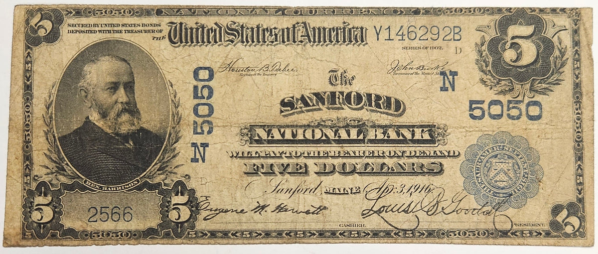 Maine $5.00 1902 Federal Reserve Bank of Sanford, ME CH# 5050 . . . . VG/Fine internal tear