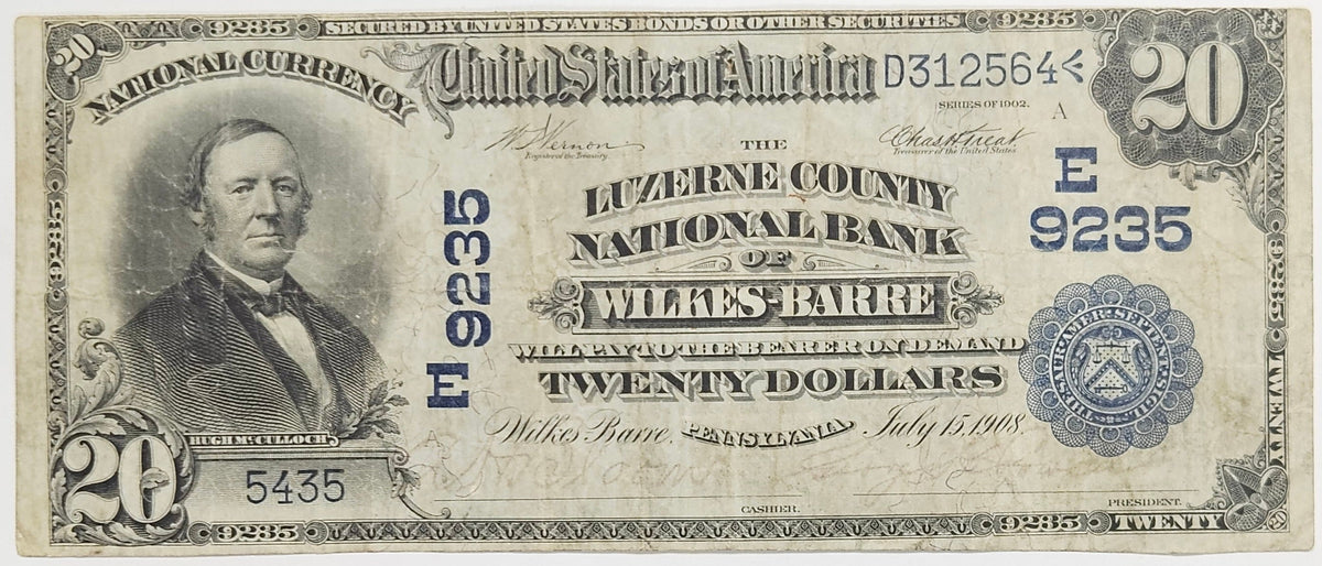 Pennsylvania $20.00 1902 Date Back Luzerne County National Bank of Wilke-Barre, PA CH# 9235 (none known) . . . . Fine