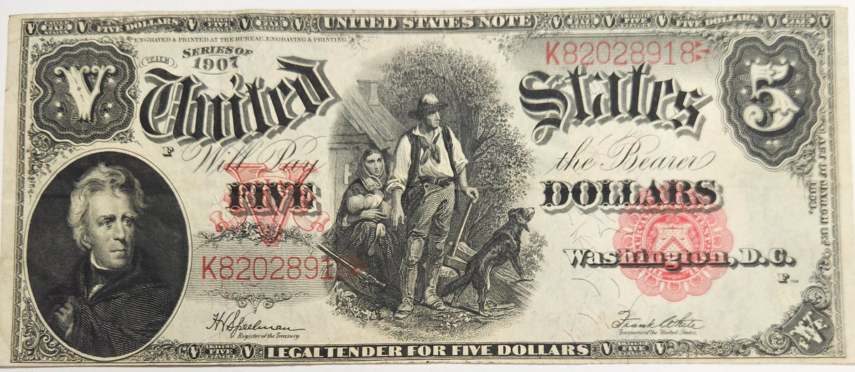 1907 $5.00 -Woodchopper- United States Note Red Seal Fr. 91 . . . . VF/XF