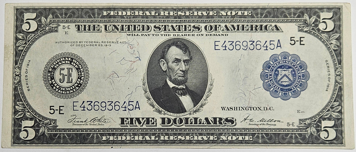 1914 $5.00 Federal Reserve Note Richmond Fr. 863 . . . . Choice About Uncirculated