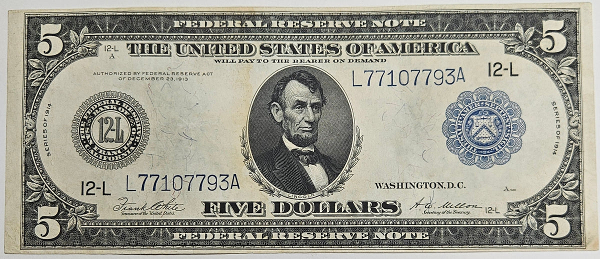 1914 $5.00 Federal Reserve Note San Francisco Fr. 891-A . . . . Extremely Fine