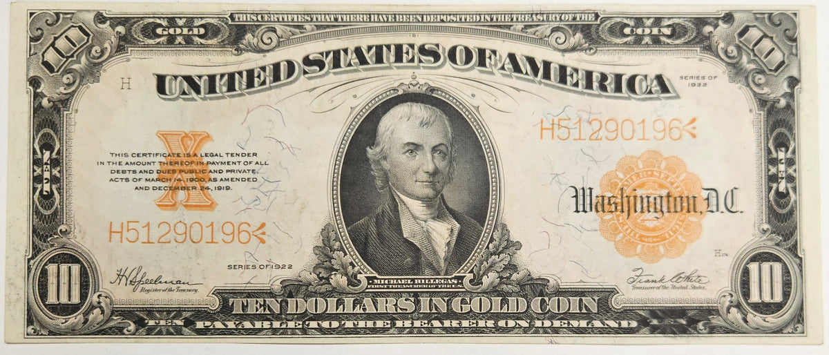 1922 $10.00 Gold Certificate . . . . Choice About Uncirculated