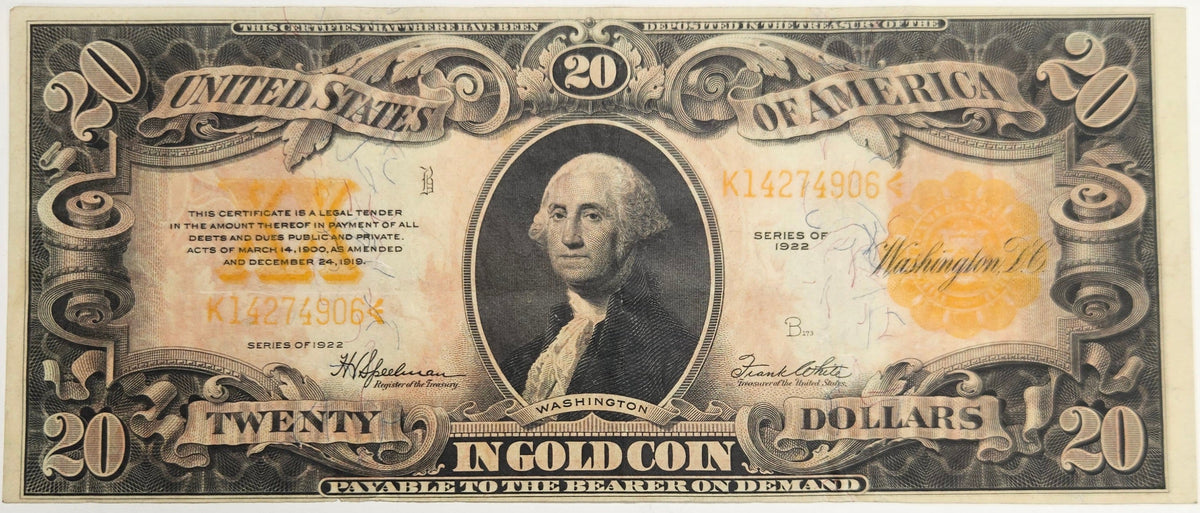 1922 $20.00 Gold Certificate Fr. 1187 . . . . Fine/VF washed
