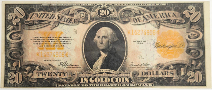 1922 $20.00 Gold Certificate Fr. 1187 . . . . Fine/VF washed