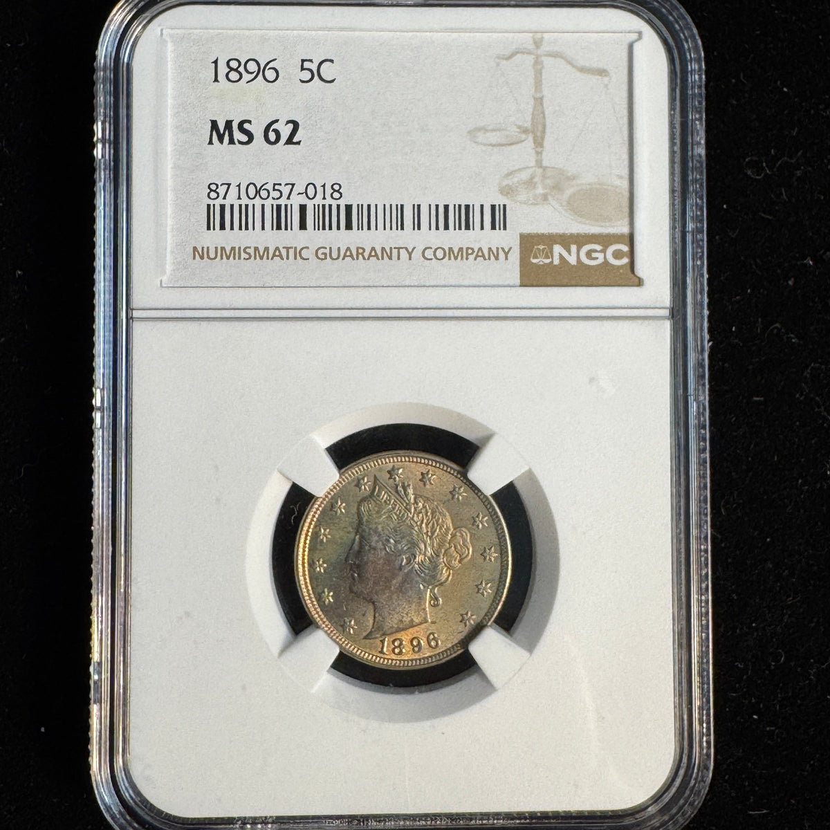 1896 Liberty “V” Nickel 5c, NGC MS-62 , nice colors