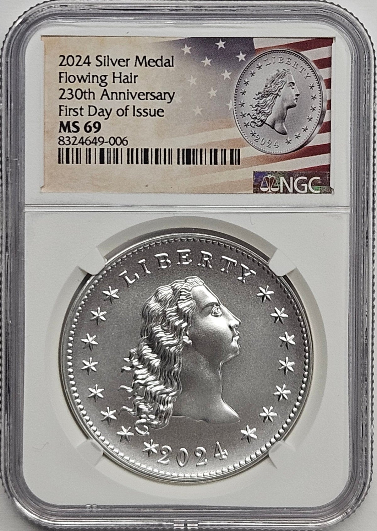 2024 Flowing Hair Silver Medal . . . . NGC MS-69 230th Anniversary First Day of Issue