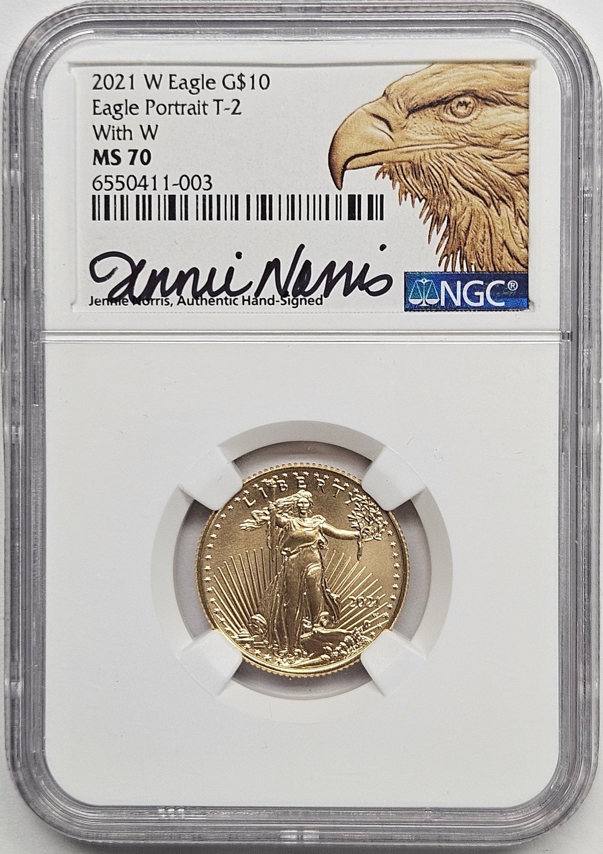 2021-W $10 Type2 Gold Eagle W . . . . NGC MS-70 Unfinished Proof Dies Norris Signed