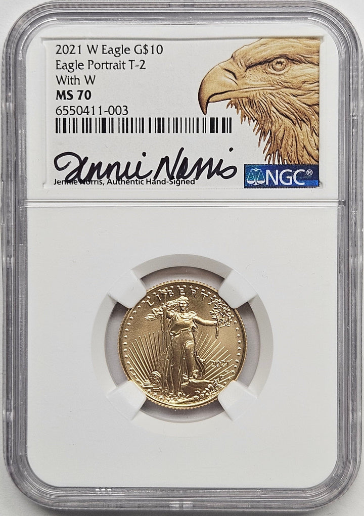 2021-W $10 Type2 Gold Eagle W . . . . NGC MS-70 Unfinished Proof Dies Norris Signed