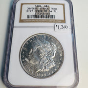1896 (P) Mint Error Morgan Silver Dollar, Obverse Struck Thru (Debris), NGC MS-64 PL