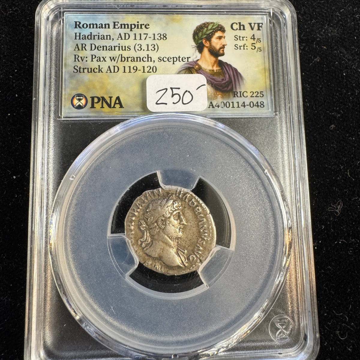Hadrian (117-138 AD) Roman Empire AR Denarius, Rv: Pax, RIC-225, PNA Choice VF