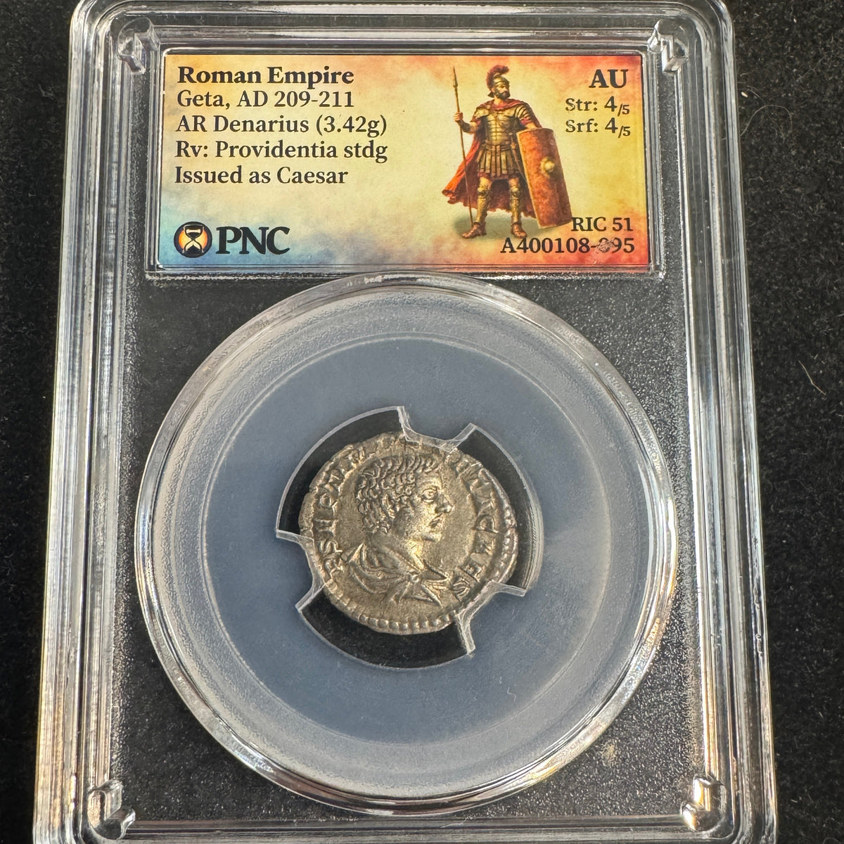 Geta (209-211 AD) Roman Empire AR Denarius, Rx: Provedentia, RIC-51, PNC AU