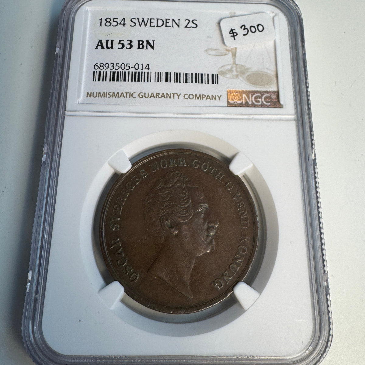 1854 Sweden 2 Skilling, NGC AU-53 BN 🇸🇪
