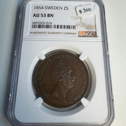 1854 Sweden 2 Skilling, NGC AU-53 BN 🇸🇪