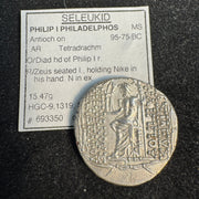 (95-75 BC) Philip I of Philadelphos Seleucid Empire AR Tetradrachm, Rx: Zeus & Nike, Antioch Mint, Ch AU / MS