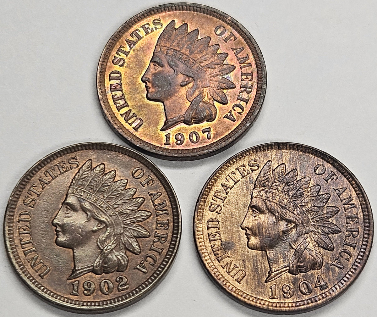 3 Different Attractive Indian Cents Ch. BU Red/Brown