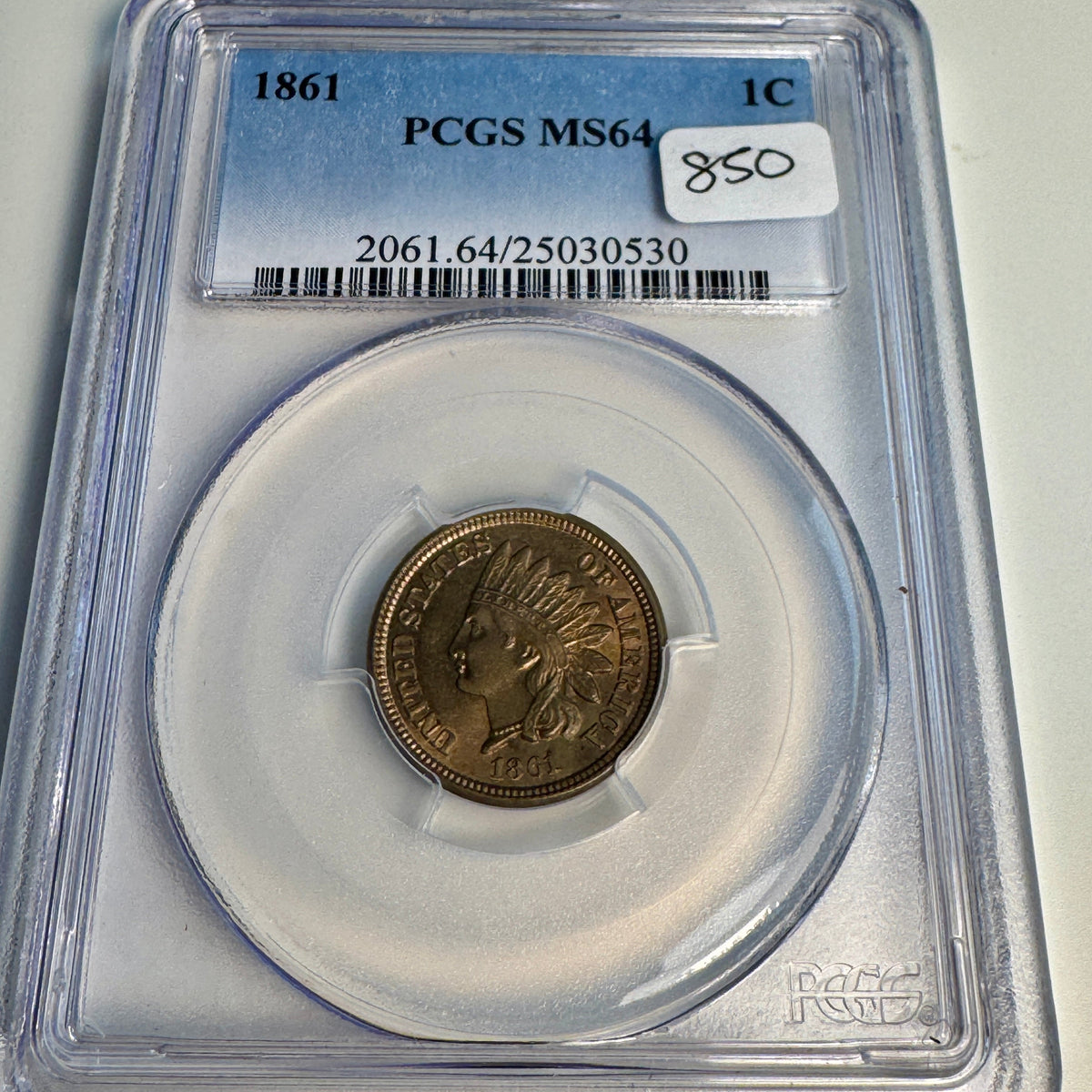 1861 Indian Head Cent 1C, PCGS MS-64