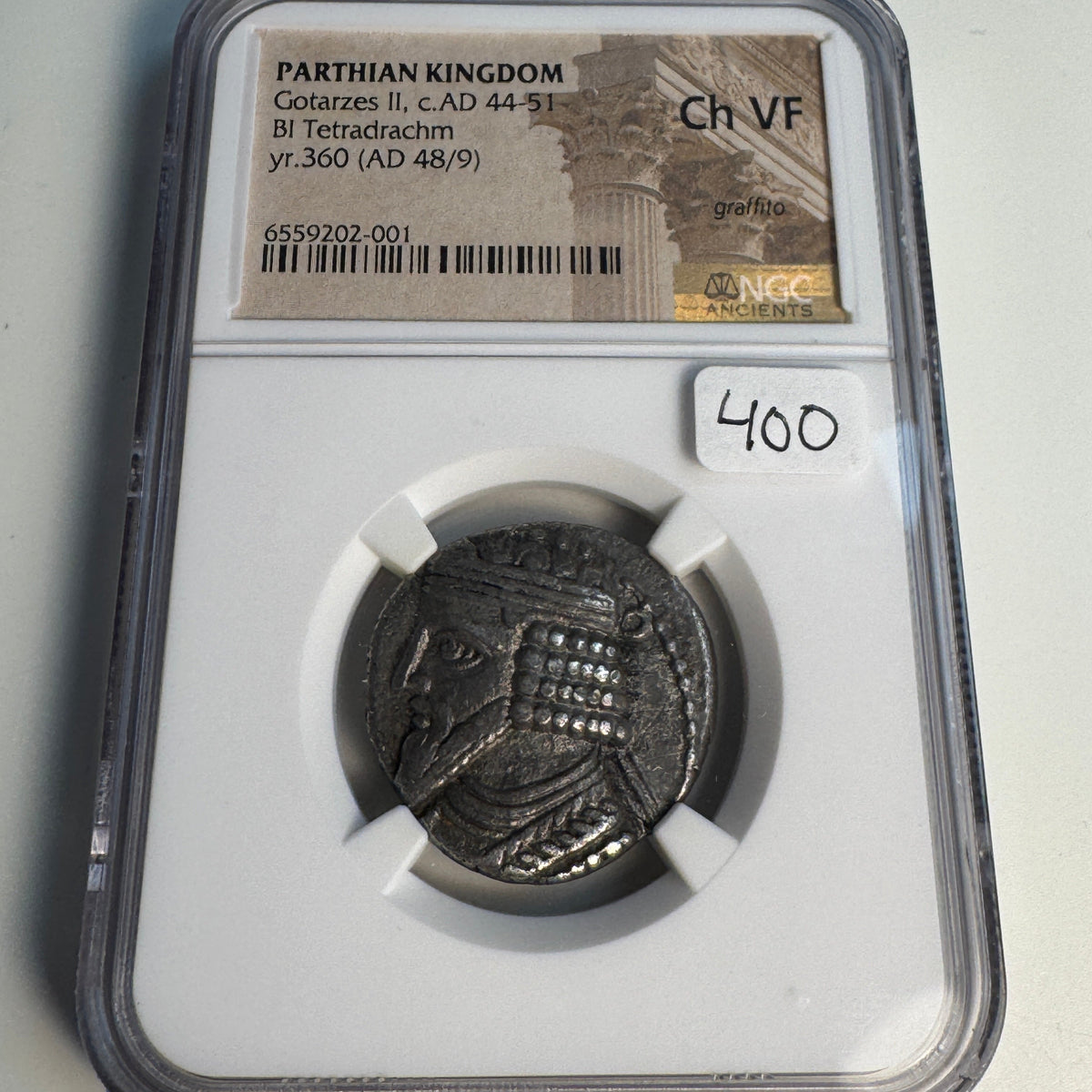 Parthian Empire, Gotarzes II (44-51 AD) Billon Tetradrachm, Yr 360 (AD 48/9), NGC Ch VF