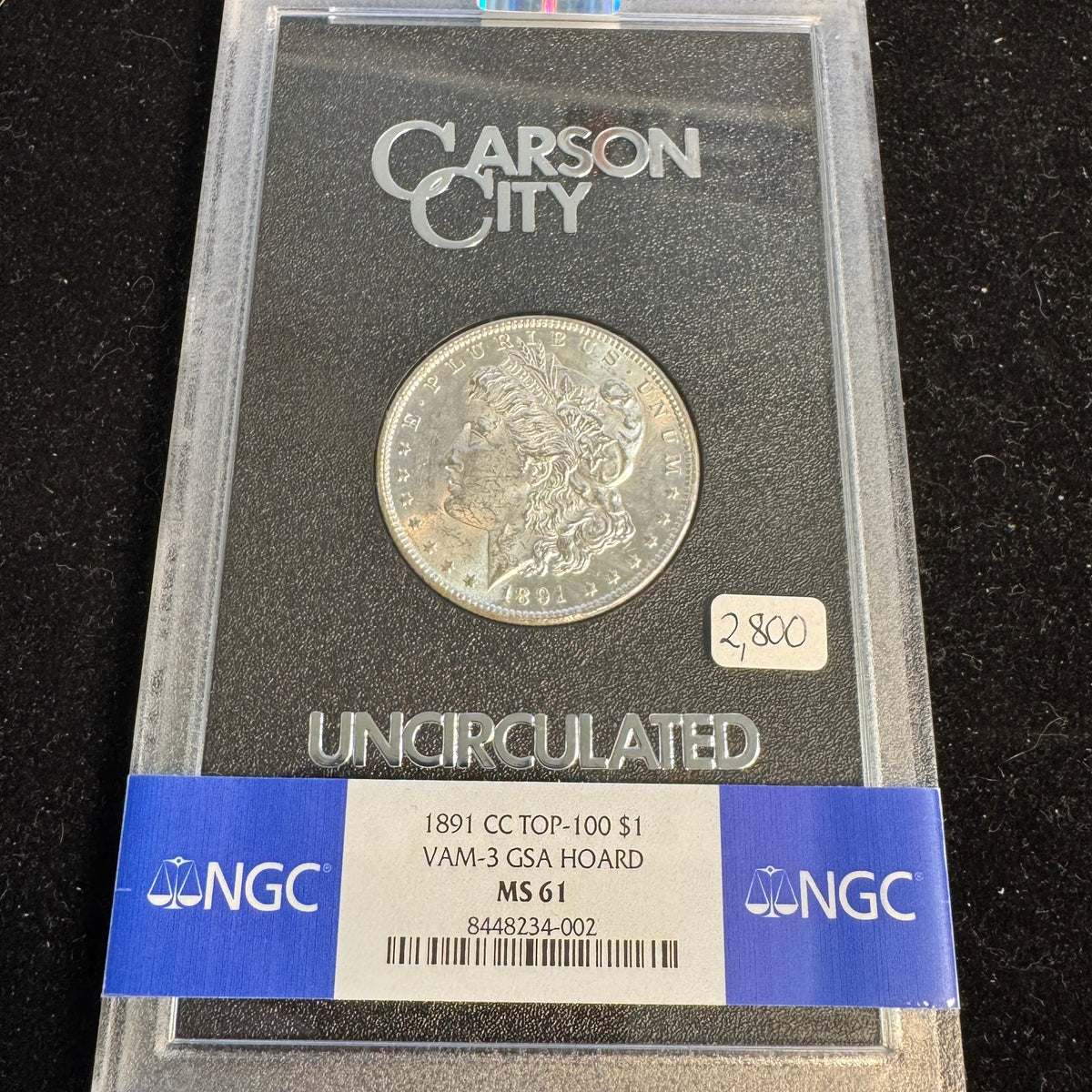 1891-CC Morgan Silver Dollar, Top 100 VAM-3, GSA Hoard / NGC MS-61