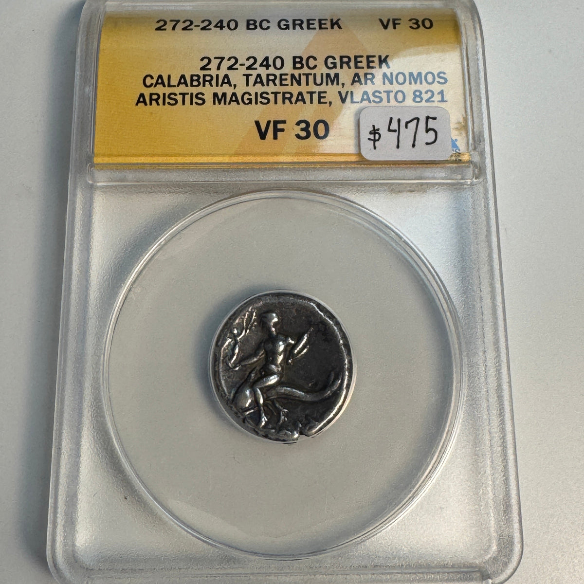 (272-240 BC) Calabria Tarentum AR Nomos, Dolphin / Horse, Vlasto-821, ANACS VF-30