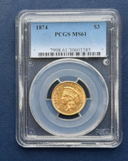 1874 $3 Princess Gold PCGS MS61