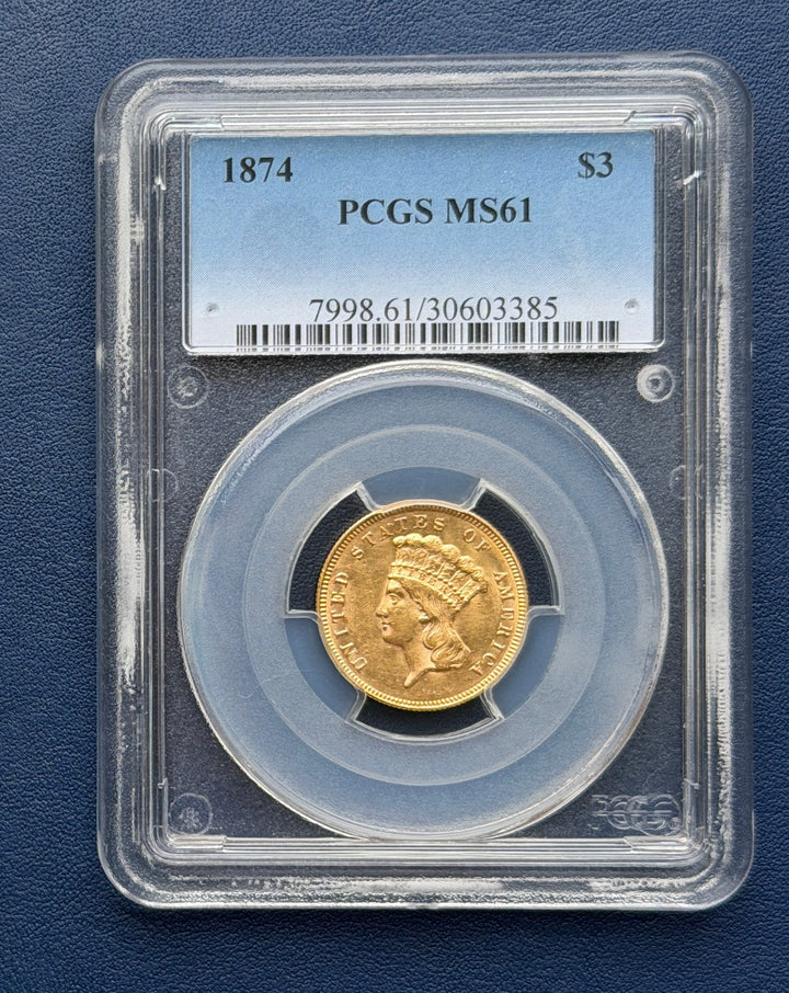 1874 $3 Princess Gold PCGS MS61