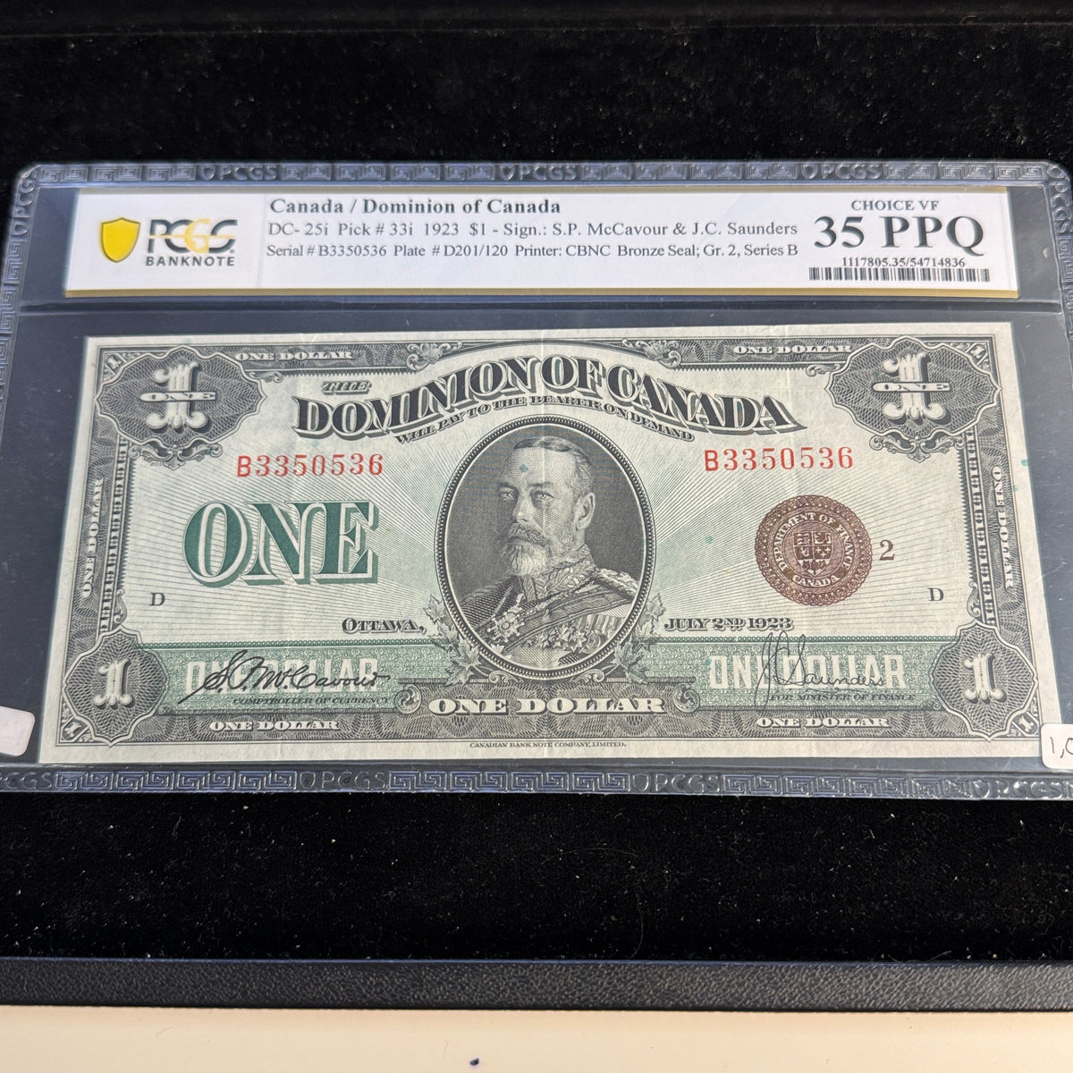 1923 Canada $1 One Dollar P#33i, McCavour/Saunders, PCGS Choice VF 35 PPQ
