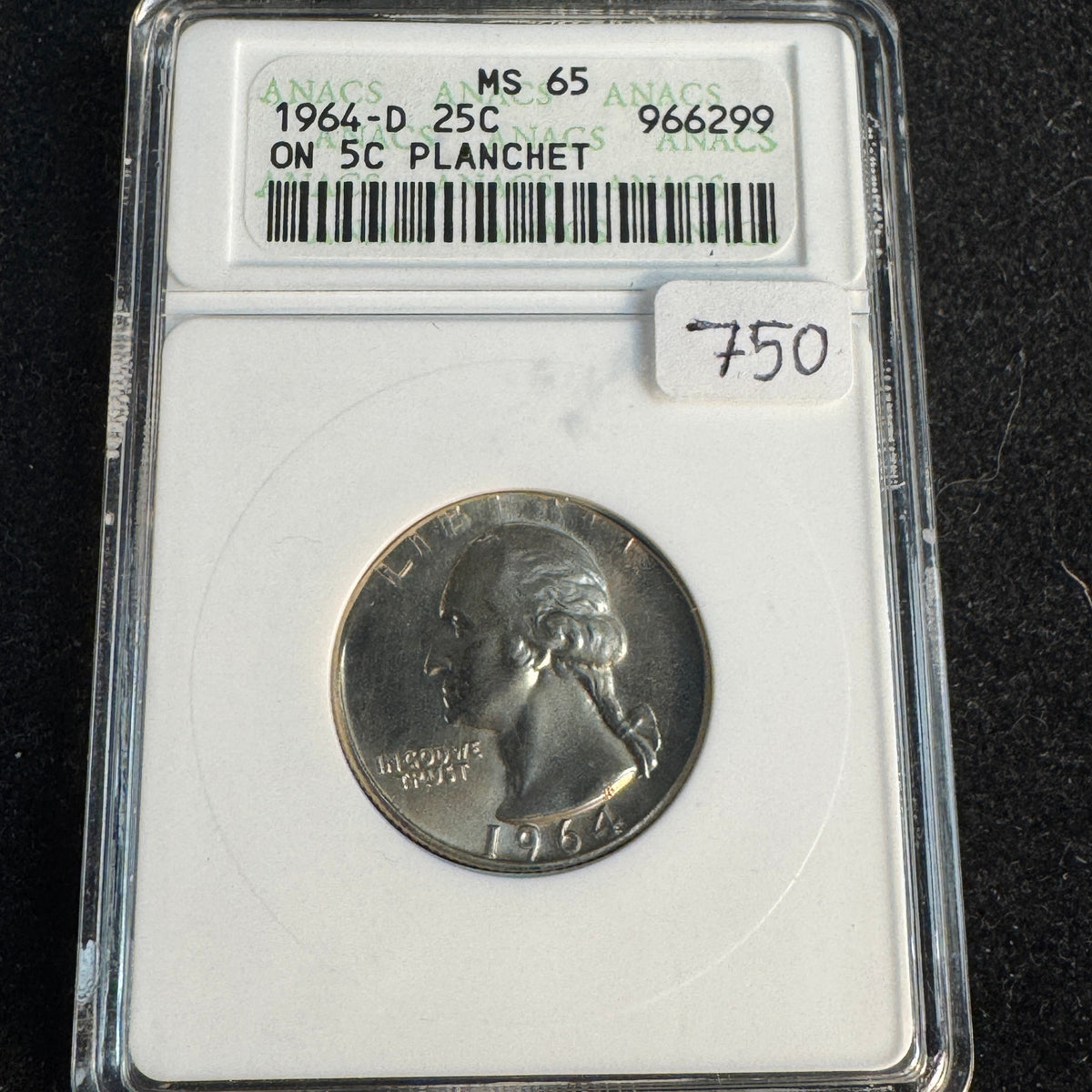 1964-D Washington Quarter Struck on 5c Nickel Planchet! Soapbox ANACS MS-65, Ex-Barry Harding Collection