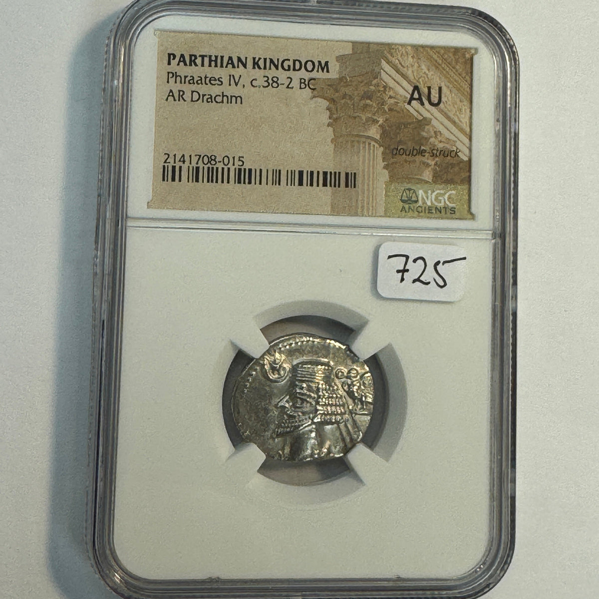 Parthian Empire Phraates IV (c38-2 BC) AR Drachm, NGC AU Double Struck