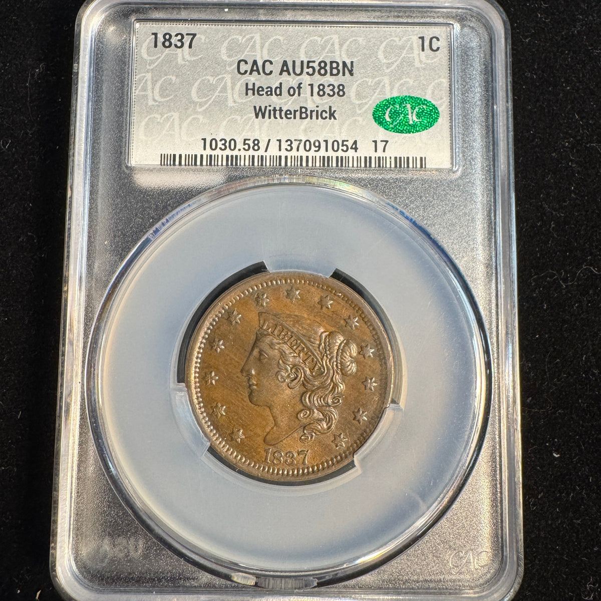 1837 (Head of 1838) Braided Hair Large Cent US 1c, CAC AU-58 - WitterBrick