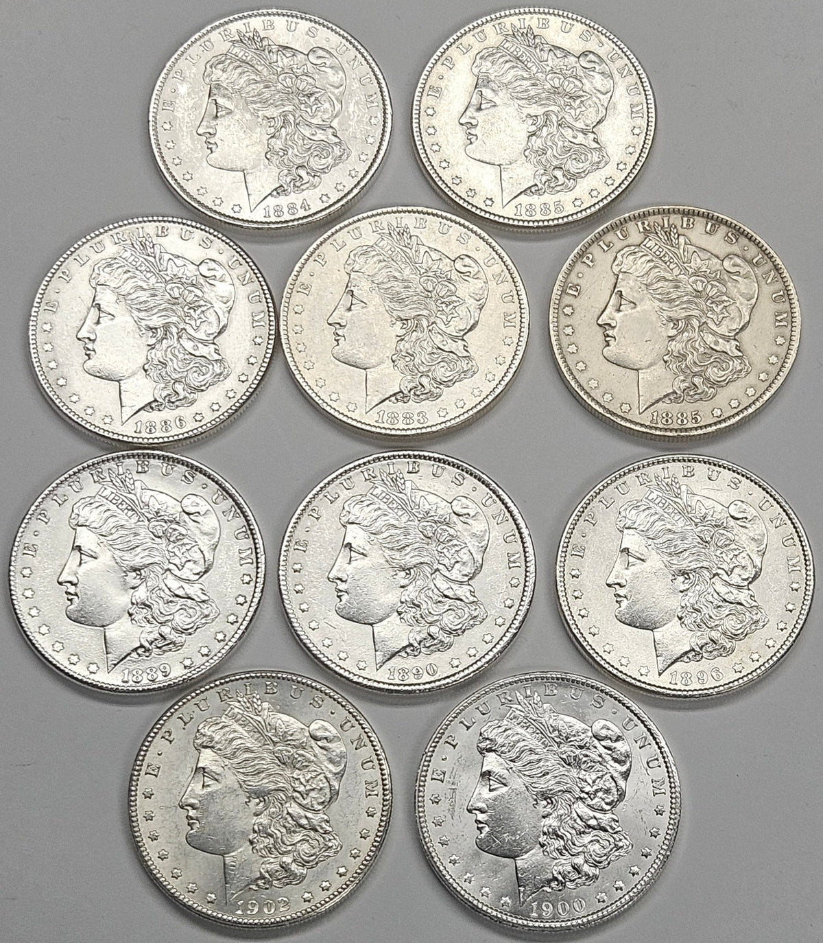 All 10 Morgan Dollars Select Brilliant Uncirculated (83O, 84O, 85, 85O, 86, 89, 90, 96, 00, 02O)