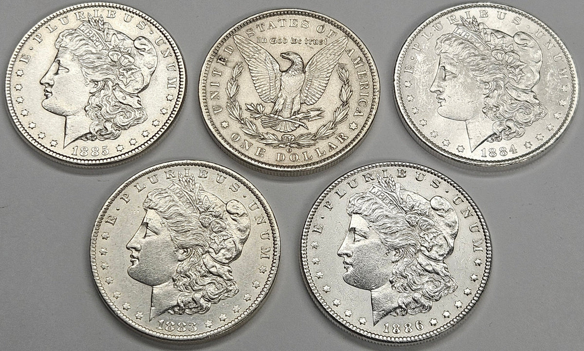All 5 Morgan Dollars Select Brilliant Uncirculated (1883-O, 84-O, 85, 85-O, 86)