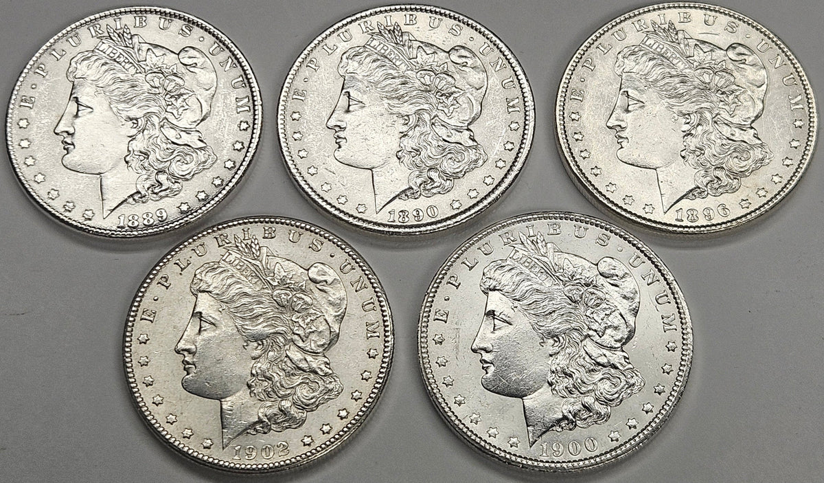 All 5 Morgan Dollars Select Brilliant Uncirculated (1889, 90, 96, 00, 02-O)