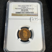 1863 New York NY Civil War Token, Fred. Rollwagen Jr, F-630BI-1a, NGC MS-64 RB