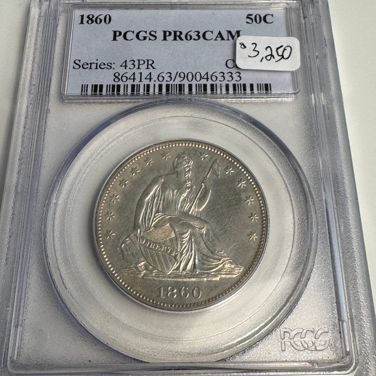 1860 Seated Liberty Half Dollar 50c Proof, PCGS PR-63 Cameo