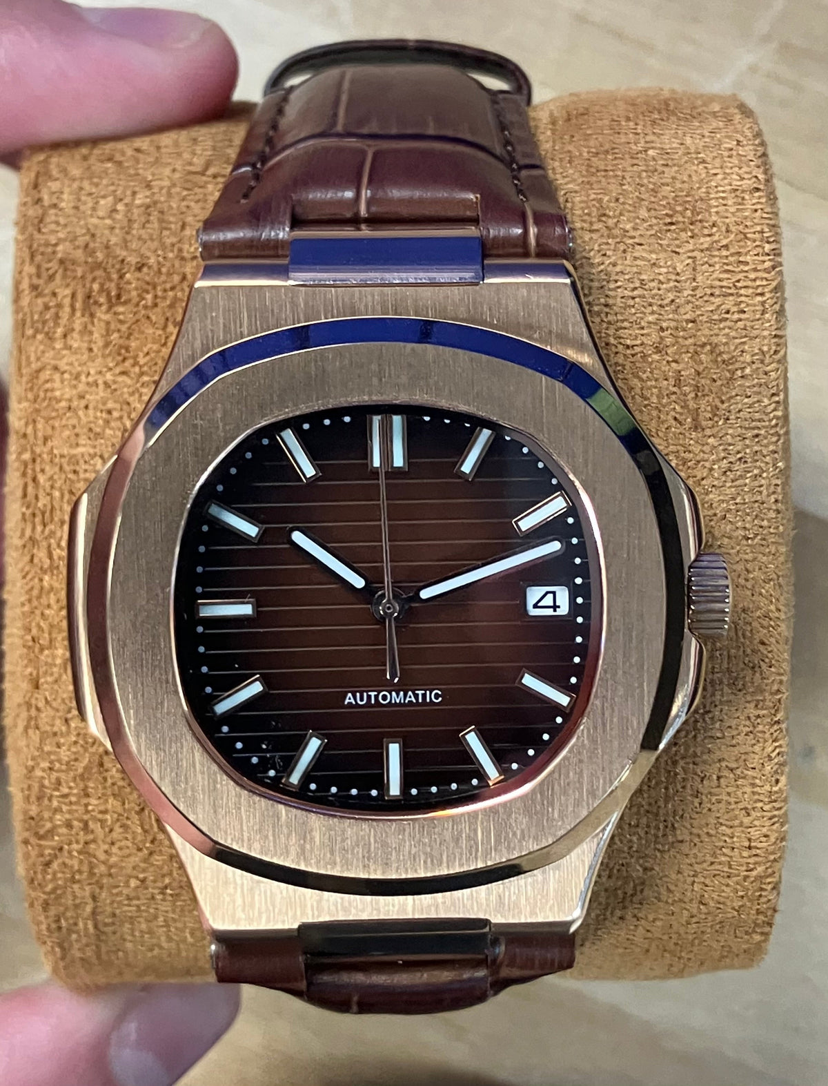Trey Peru Hand Built Watch and Movement - Embossed Brown Dial leather band