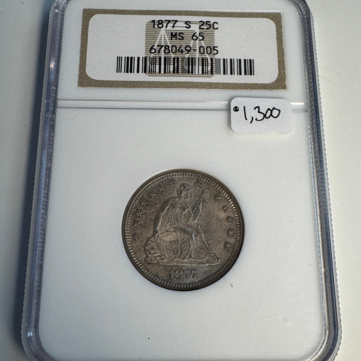 1877 Seated Liberty Quarter 25c, Lovely Patina, NGC MS-65