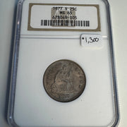 1877 Seated Liberty Quarter 25c, Lovely Patina, NGC MS-65