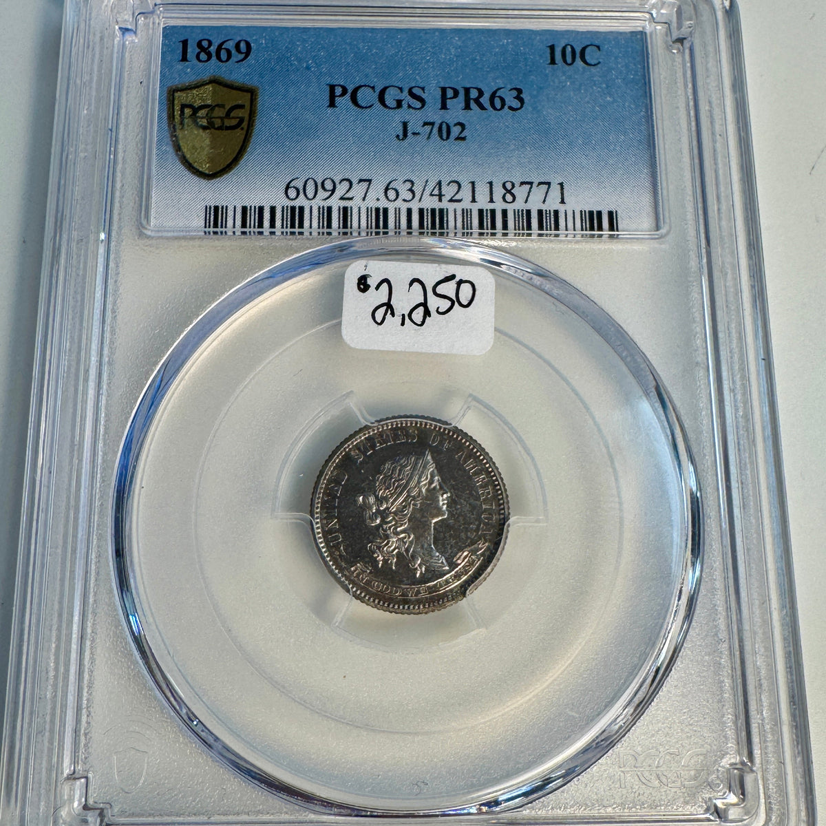 1869 US “Standard Silver” 10c Proof Pattern Dime, J-702, PCGS PR-63