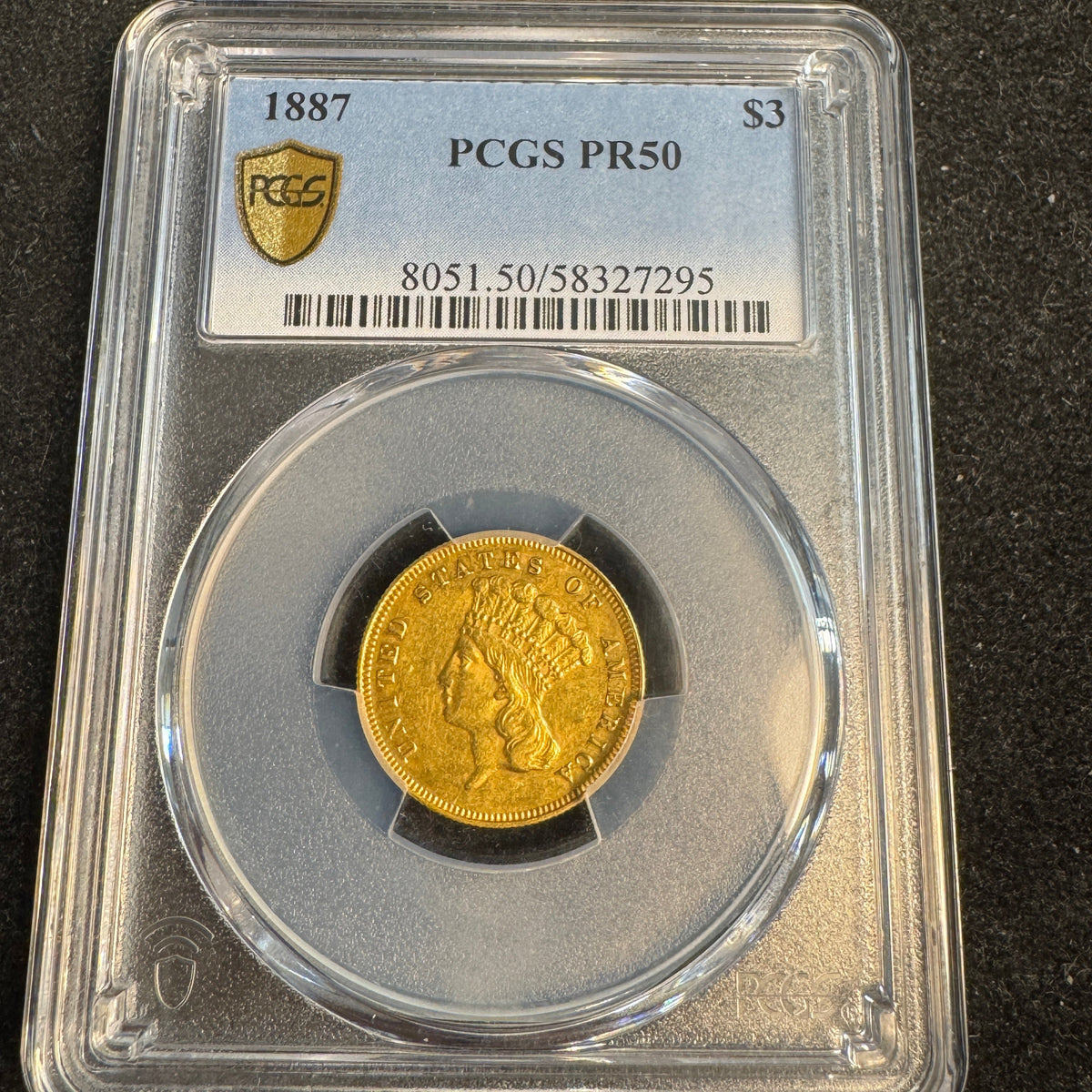 1887 Indian Princess $3 Gold Proof (160 Mintage) PCGS PR-50